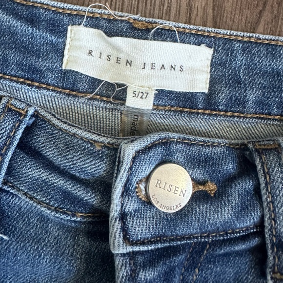 Risen High Rise Flare Jeans Distressed Raw Hem Boutique Denim - Picture 3 of 9